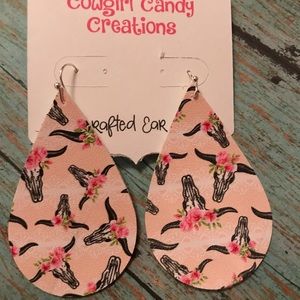 Cow Skull Vegan Leather Teardrop Earrings NWT